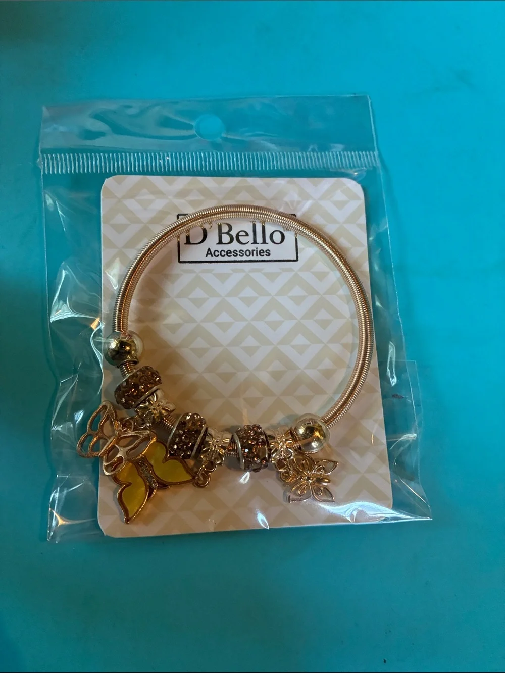 D'Bello Gold Tone Charm Bracelet with Yellow Enamel Butterfly